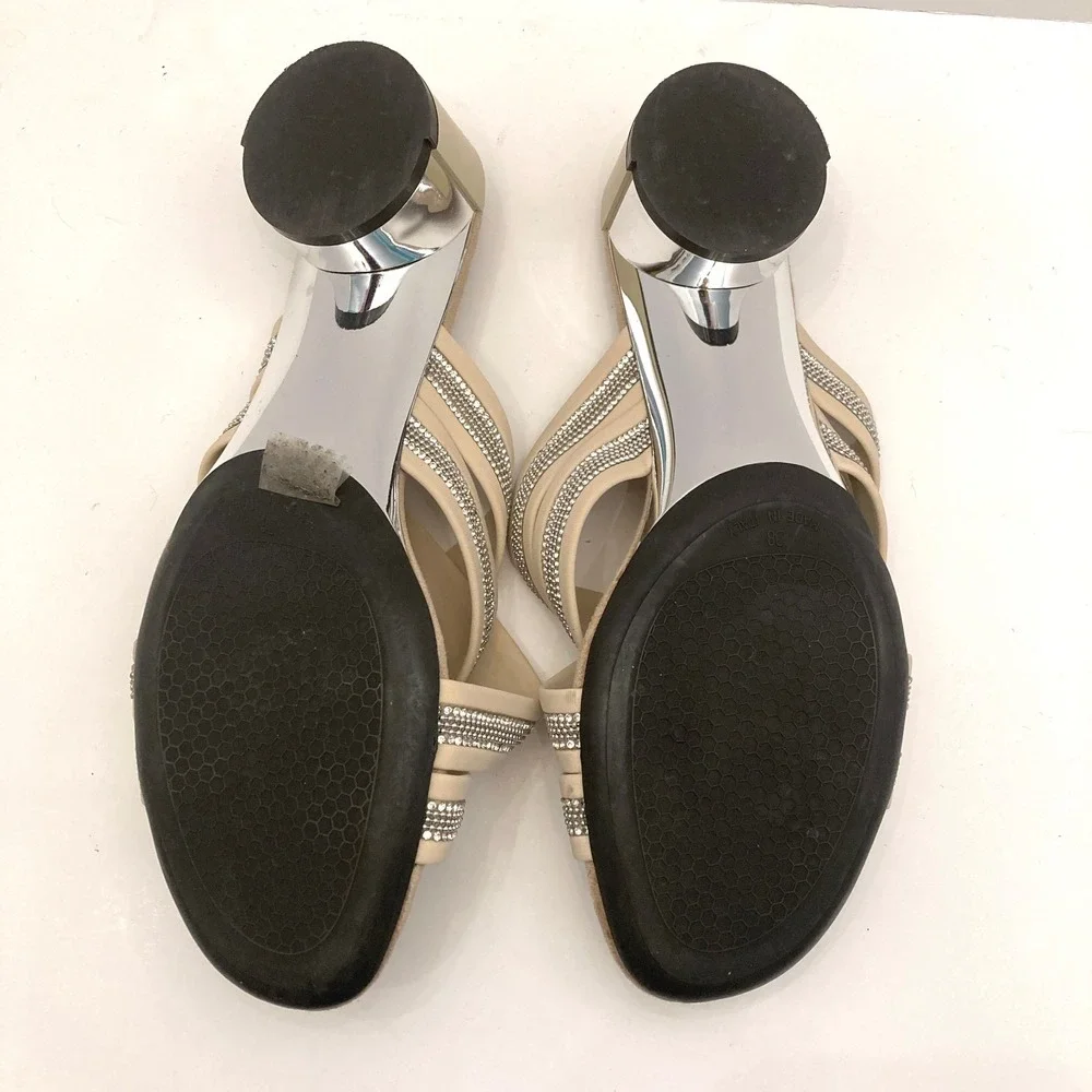 Onex Misha Sandals Block Heel Womens 8 Beige Straps Crystals Made In Italy - Picture 7 of 9